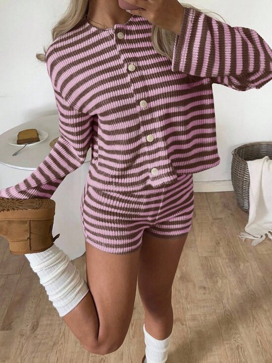 Tops - Pink Casual Women's Knitted Striped Two Piece Set